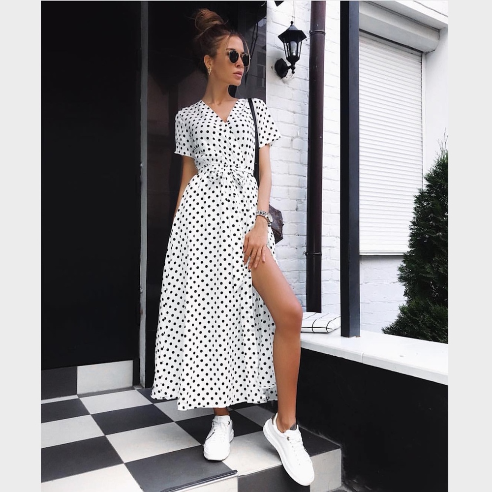 Maxi Wrap Polka Dot Belted White Summer Dress - Picture 3 of 6